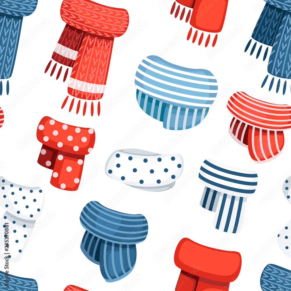Seamless pattern. Set of scarves for boys and girls in cold weather. Winter style clothes. Scarves with different pattern. Flat vector illustration on white background Seamless pattern. Set of scarves for boys and girls in cold weather. Winter style clothes. Scarves with different pattern. Flat vector illustration on white background
