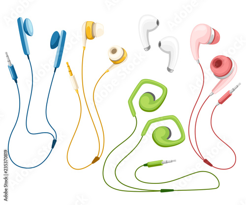 Set of wired and wireless earbuds. Colorful earphones in flat style. Lifestyles accessories. Flat vector illustration isolated on white background
