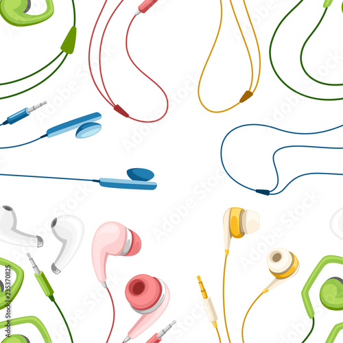 Seamless pattern. Set of wired and wireless earbuds. Colorful earphones in flat style. Lifestyles accessories. Flat vector illustration on white background