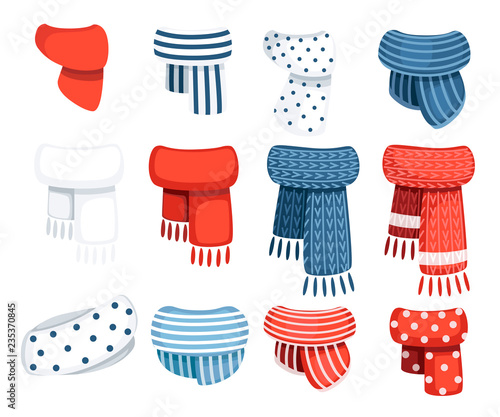 Set of scarves for boys and girls in cold weather. Winter style clothes. Scarves with different pattern. Flat vector illustration isolated on white background