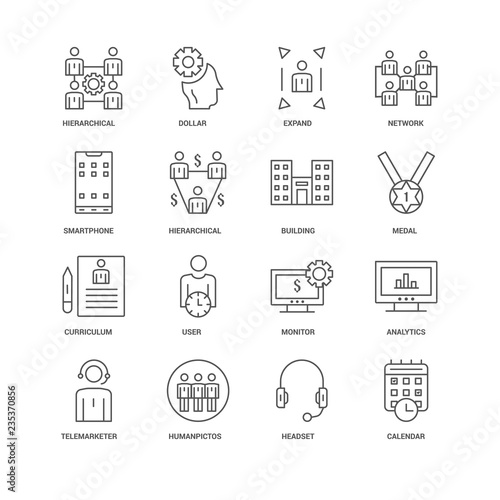 16 linear icons related to Calendar, Hierarchical structure, und
