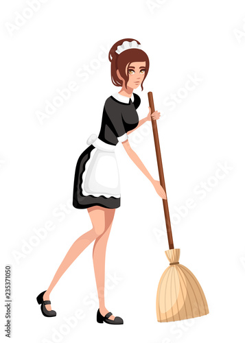 Beautiful smiling maid in classic french outfit. Cartoon character design. Women with brown short hair. Maid holding broom. Flat vector illustration isolated on white background