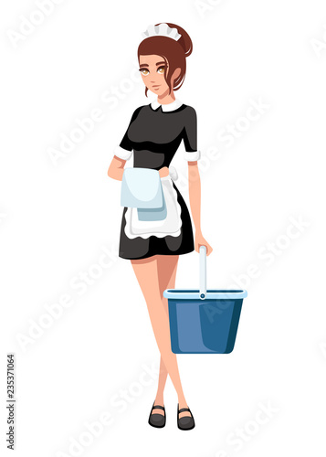 Beautiful smiling maid in classic french outfit. Cartoon character design. Women with brown short hair. Maid holding cleaning bucket and towel. Flat vector illustration isolated on white background