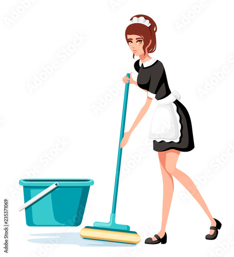 Beautiful smiling maid in classic french outfit. Cartoon character design. Women with brown short hair. Chambermaid cleaning floor with mop. Flat vector illustration isolated on white background