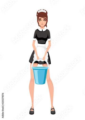 Beautiful smiling maid in classic french outfit. Cartoon character design. Women with brown short hair. Maid holding cleaning bucket. Flat vector illustration isolated on white background