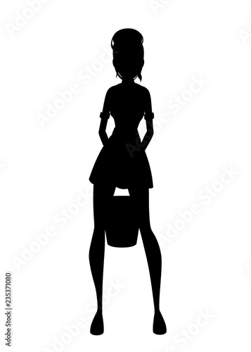 Black silhouette. Beautiful maid in classic french outfit. Cartoon character design. Women with brown short hair. Maid holding cleaning bucket. Flat vector illustration isolated on white background
