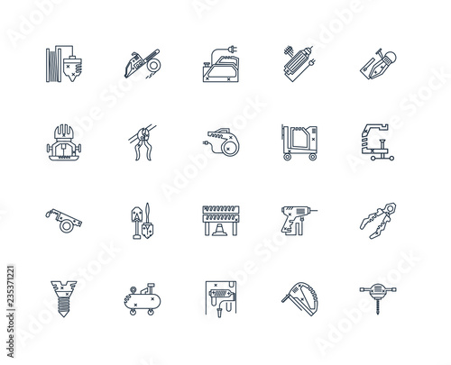 Set Of 20 outline icons such as Hydraulic breaker, Saw, Paint ro