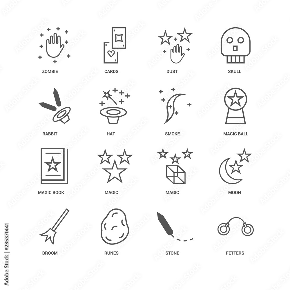 16 linear icons related to Fetters, Stone, Runes, Broom, Moon, Z 16 linear icons related to Fetters, Stone, Runes, Broom, Moon, Z