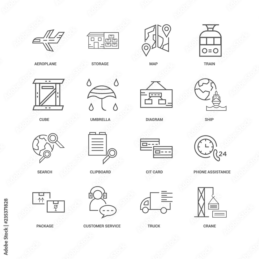 16 linear icons related to Crane, Umbrella, Aeroplane, undefined 16 linear icons related to Crane, Umbrella, Aeroplane, undefined