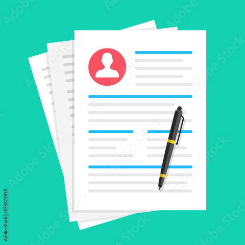 Job application, resume, cv. Document with man photo and pen. Employment, human resources, recruitment concepts. Flat design. Vector illustration