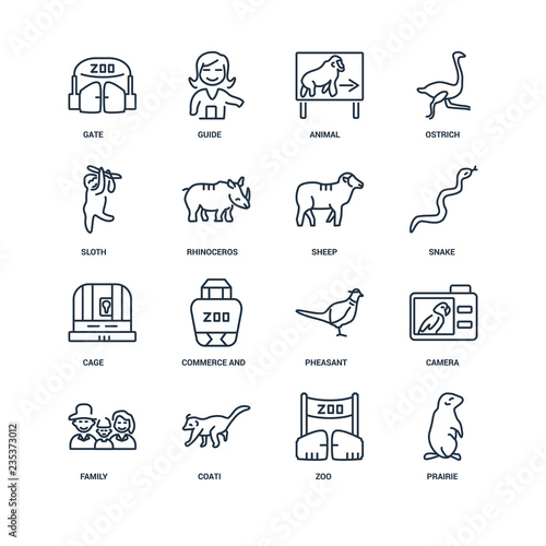 Set Of 16 outline icons such as Prairie, Zoo, Coati, Family, Cam