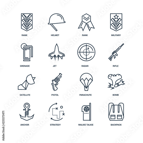 Set Of 16 outline icons such as Backpack, Walkie talkie, Strateg
