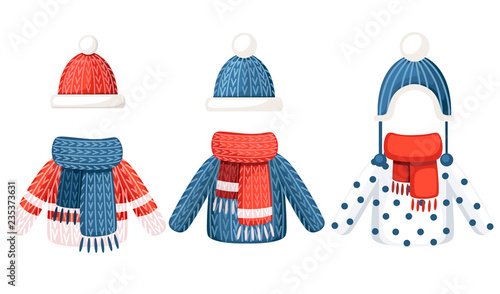 Set of three winter outfit. Knitted hat, scarf and sweater with different pattern. Flat vector illustration isolated on white background