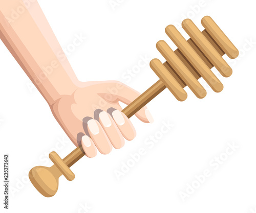Hand hold wooden honey dipper. Honey stick, Kitchen utensil used to collect honey. Flat vector illustration isolated on white background