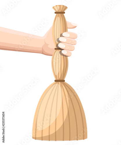 Hand hold broom. Item for cleaning. Flat vector illustration isolated on white background