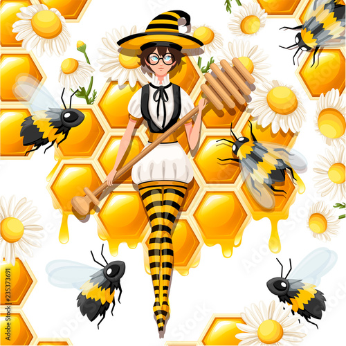Cute brown hair honey witch flying with bees. Female holding honey dipper, magic wand. Striped bee style costume. Flat vector illustration on white background with honeycomb and chamomile