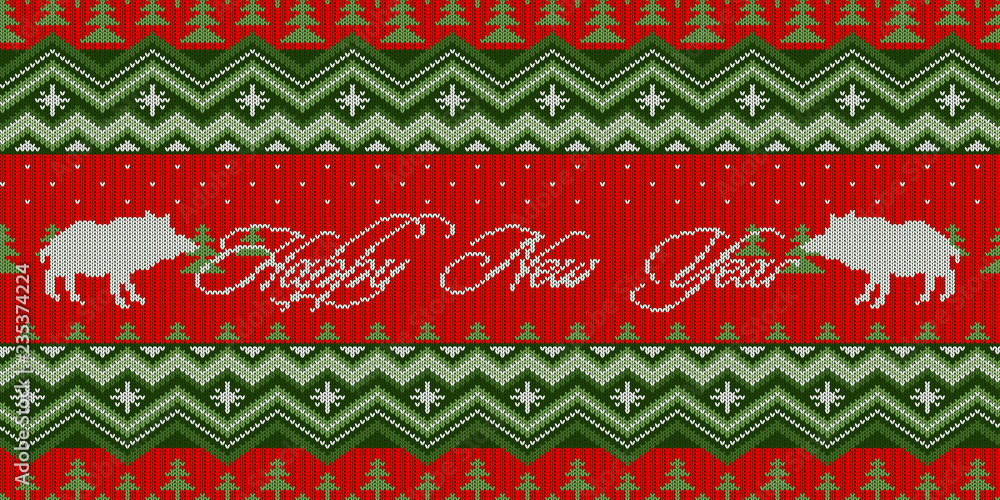 Happy New Year. Year of the Pig. Bright Christmas pattern - Christmas knitted woolen seamless pattern with wild boars in the spruce forest Happy New Year. Year of the Pig. Bright Christmas pattern - Christmas knitted woolen seamless pattern with wild boars in the spruce forest