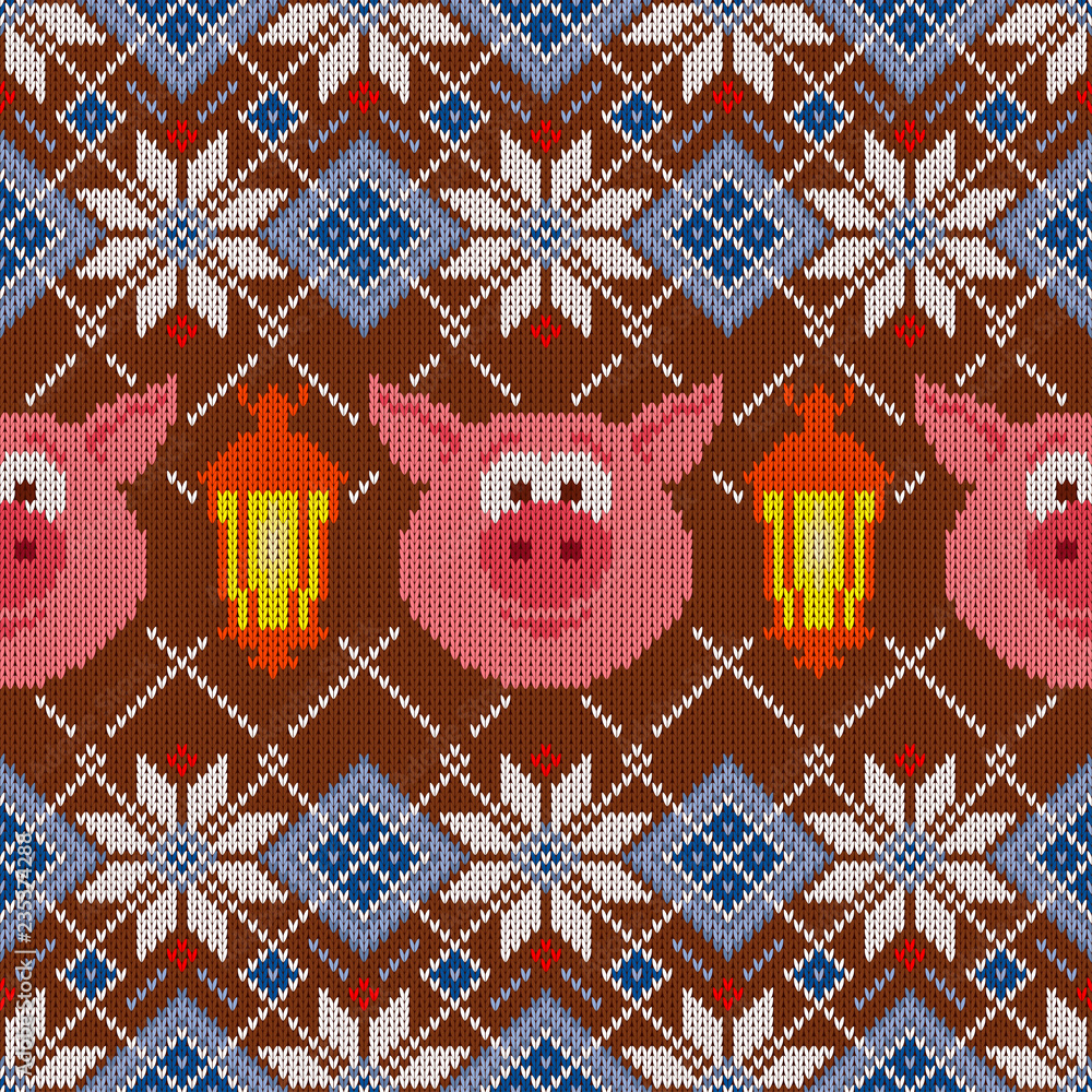 Seamless woolen knitted Christmas pattern with pigs and lanterns
