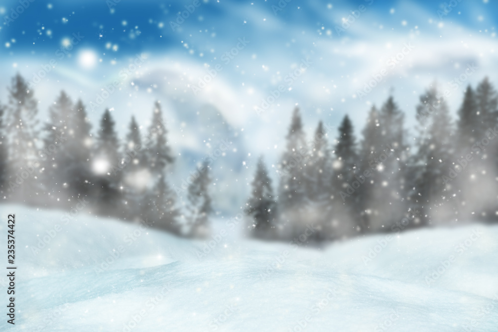 Fototapeta premium Winter background with blurred landscape with flying snow