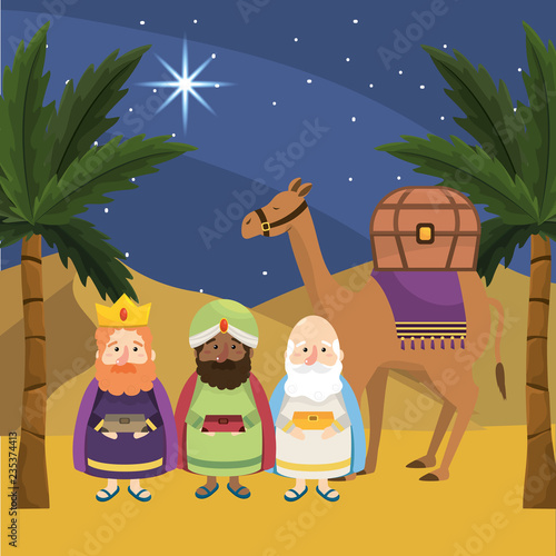 magicians kings and camel with presents and palm trees