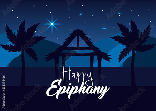 manger with palm tree and stars to happy epiphany