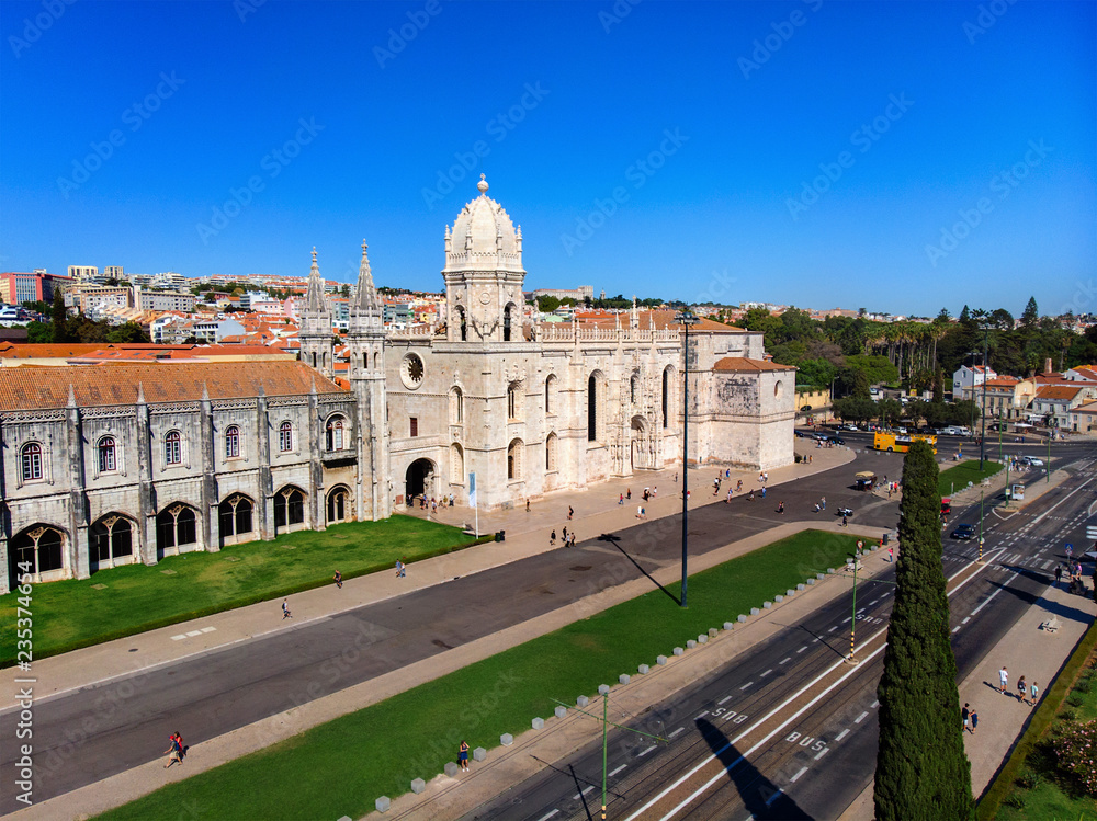 famous Hieronymites Monastery landmark in Lisbon, Portugal (blue sky background)