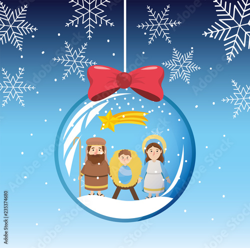 snowflakes mary and joseph with jesus inside crystal ball