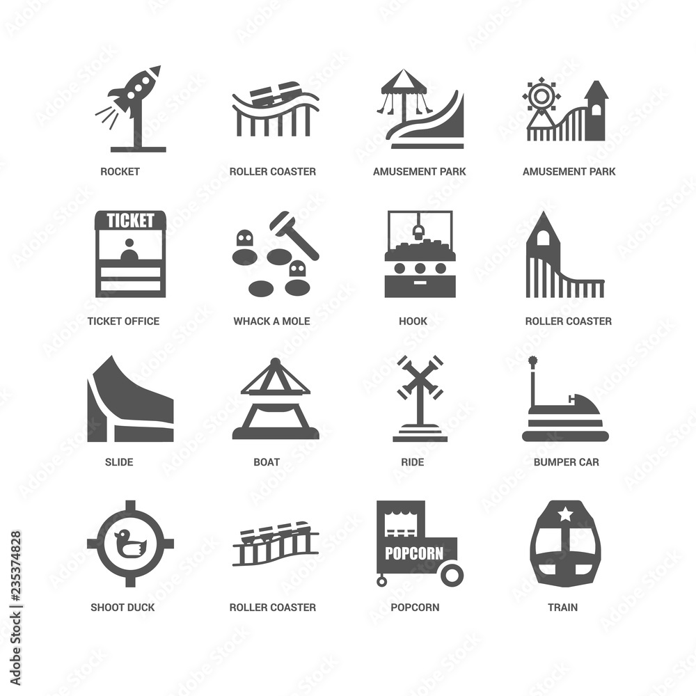 16 linear icons related to Train, Whack a mole, Rocket, undefine