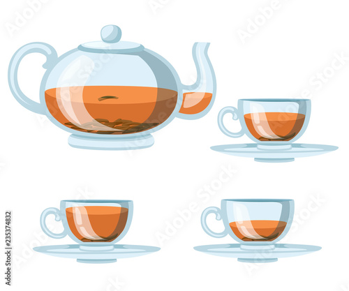 Transparent glass teapot and cups with black tea. Green or black tea for design, advertising and packaging. Flat vector illustration isolated on white background