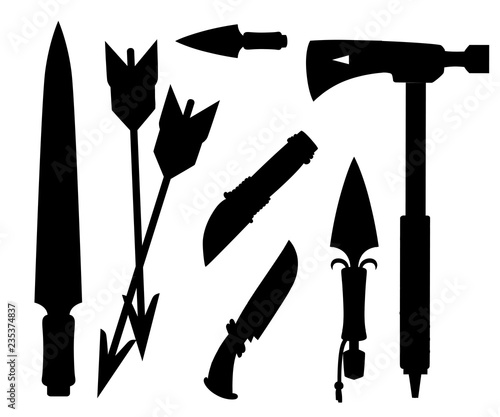 Black silhouette. Tomahawk axe, knives, daggers, and arrows. Items for survival, cold steel arms. Flat vector illustration on white background