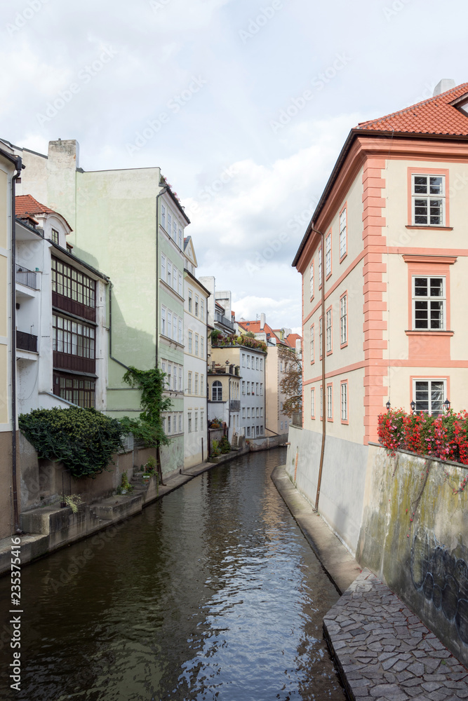 Charming houses on the river canal in Prague, Czech Republic