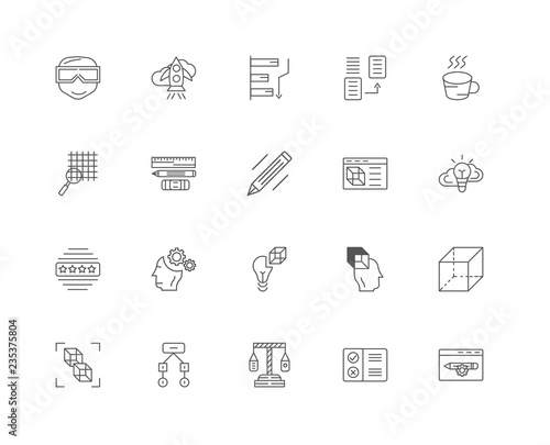 20 linear icons related to Software, Thinking, Coffee cup, Copyi