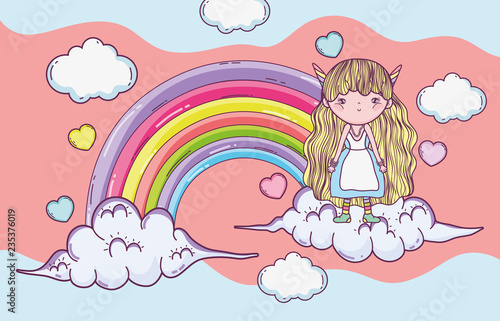 girl fantastic creatire in the clouds with rainbow photo