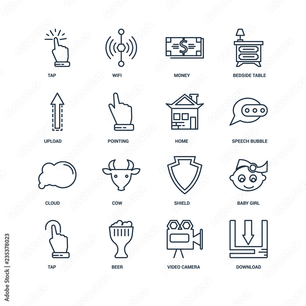 Set Of 16 outline icons such as Download, Video camera, Beer, Ta Set Of 16 outline icons such as Download, Video camera, Beer, Ta