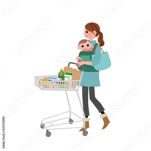 ショッピングカートをおす　女性　親子