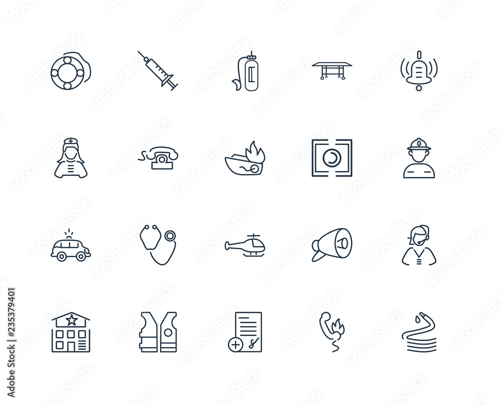 Fototapeta premium Set Of 20 outline icons such as Hose, Fire phone, Prescription,