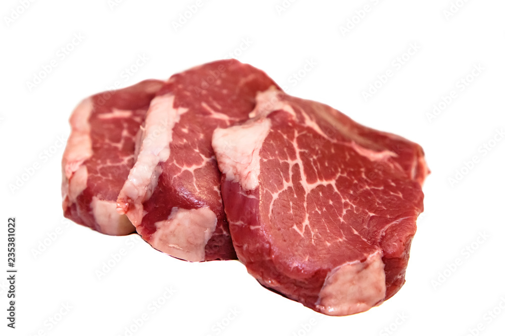 Marble beef eye of Round Steak on white background