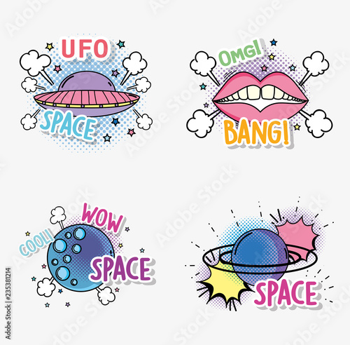 set fashion ufo with planet and mouth patch