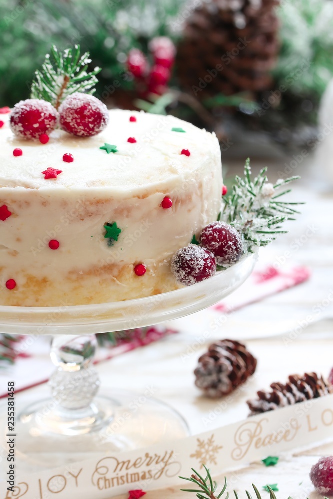 Homemade Xmas or Christmas cake with white frosting Homemade Xmas or Christmas cake with white frosting