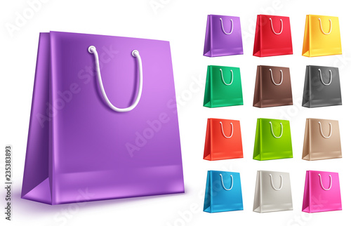 Empty paper bag vector set. Colorful shopping bags with purple and other colors isolated in white for fashion and retail market. Vector illustration.