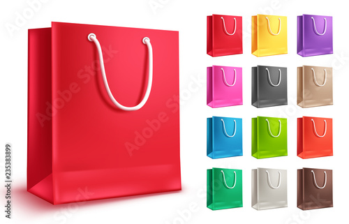 Colorful shopping bag vector set. Empty paper bags for shopping  and fashion with red and other colors isolated in white background. Vector illustration.