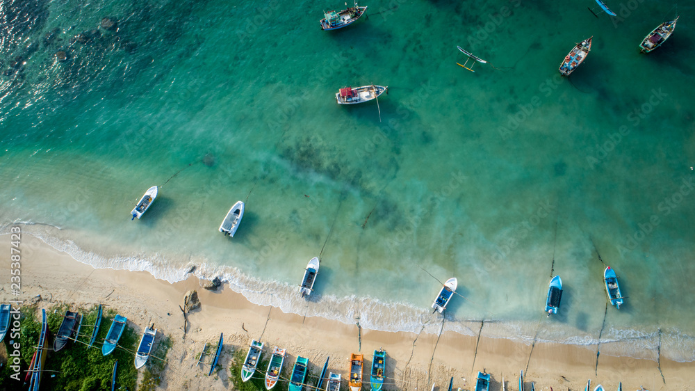 Aerial view of beautiful seascape with fishing boats  in the coast
