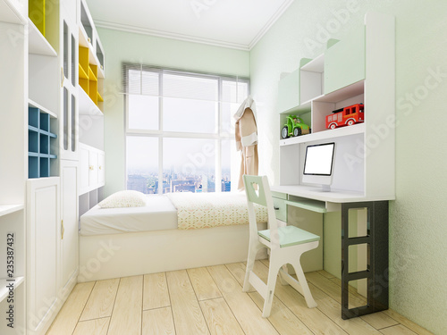A combination of a modern bedroom and a study with a desk and bookshelf in the bedroom © 宗毅