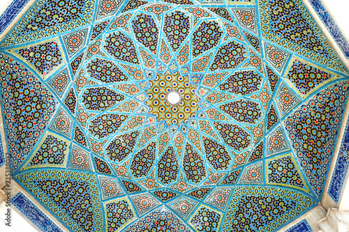 Tilework on the ceiling of the Tomb of Hafez pavilion. Shiraz, Iran.