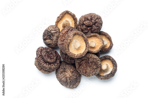 Pile of shiitake mushrooms isolated on white background, Top view.