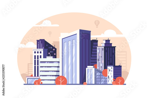 Urban modern megapolis with skyscraper and tree.