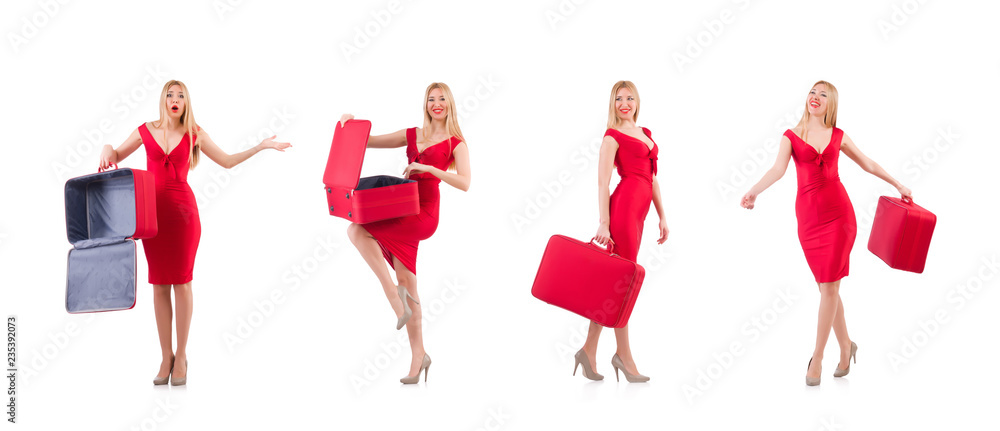 Woman in red dress and travel case isolated on white Woman in red dress and travel case isolated on white