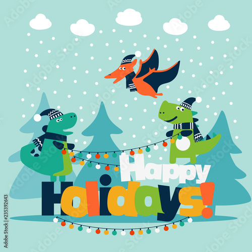 Wallpaper Mural Cute winter holiday illustration with funny dinosaurs. Christmas and New Year vector card Torontodigital.ca