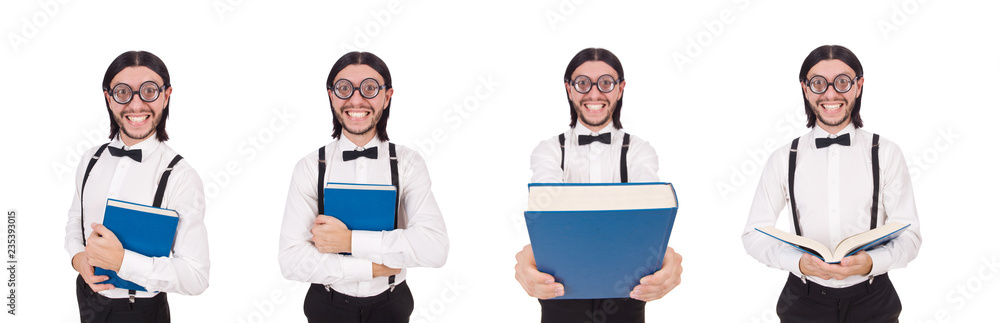 Young funny man woth book isolated on white Young funny man woth book isolated on white
