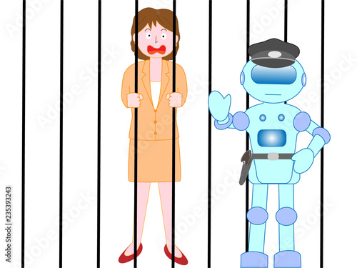 いらなくなったビジネスウーマンを隔離して、警備している人工知能を持ったロボット。
